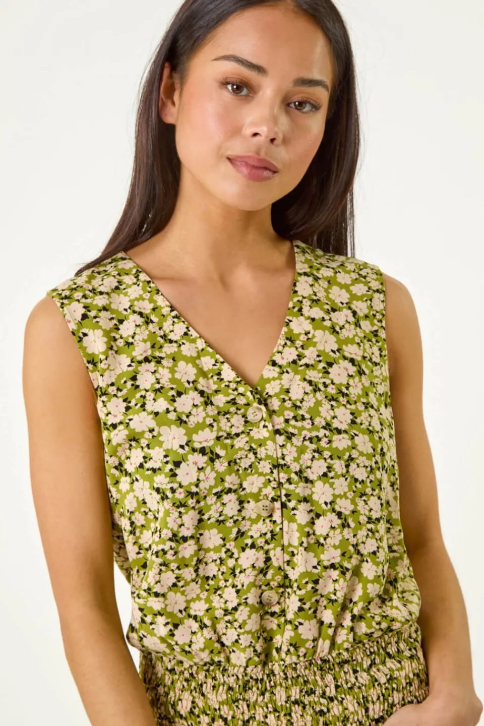 Tops>Roman Khaki Petite Ditsy Print Shirred Blouson Top
