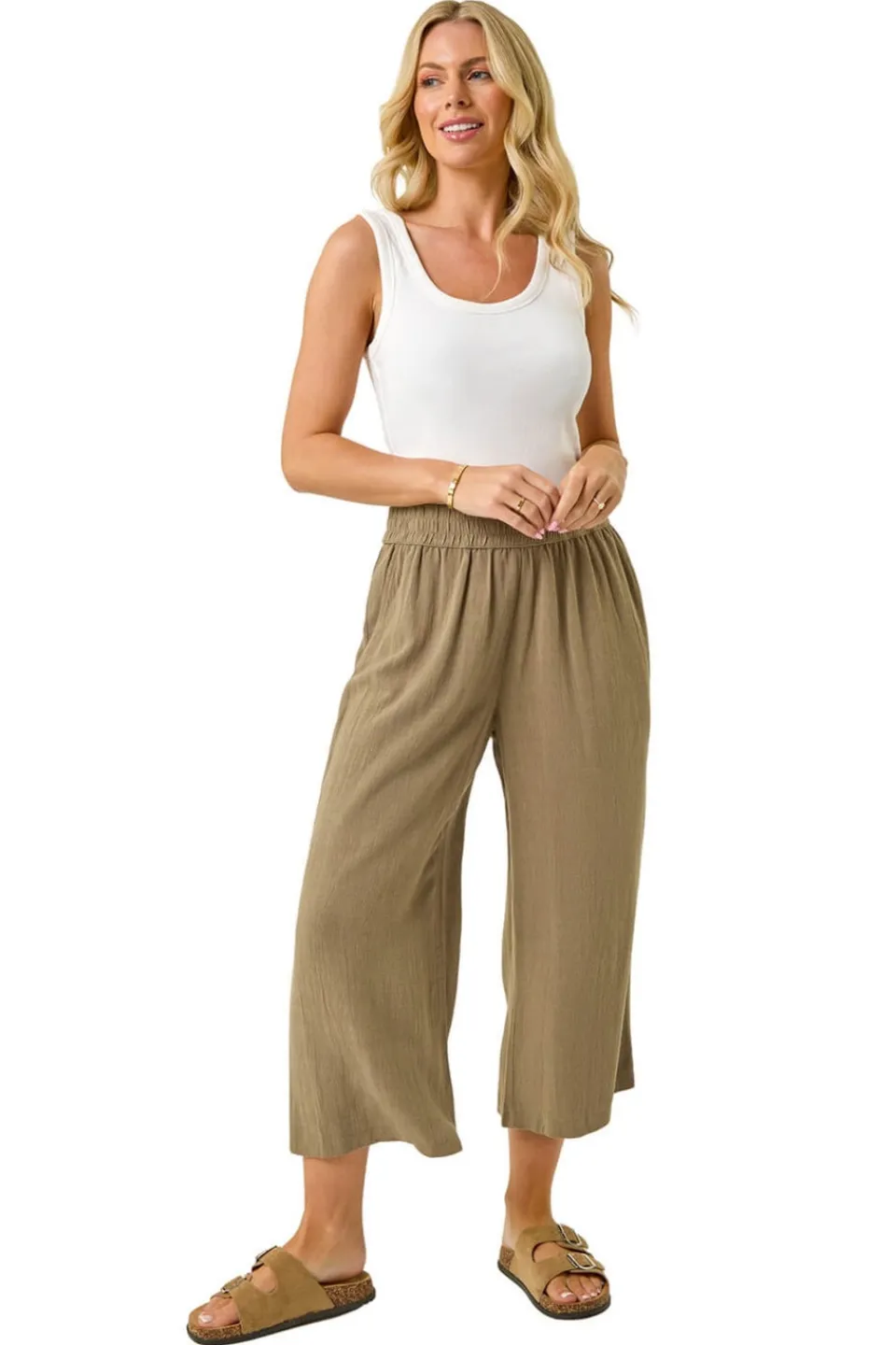 Trousers>Roman Khaki Petite Linen Mix Cropped Trouser