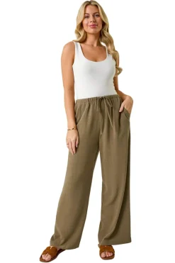 Trousers>Roman Khaki Petite Linen Mix Wide Leg Trouser