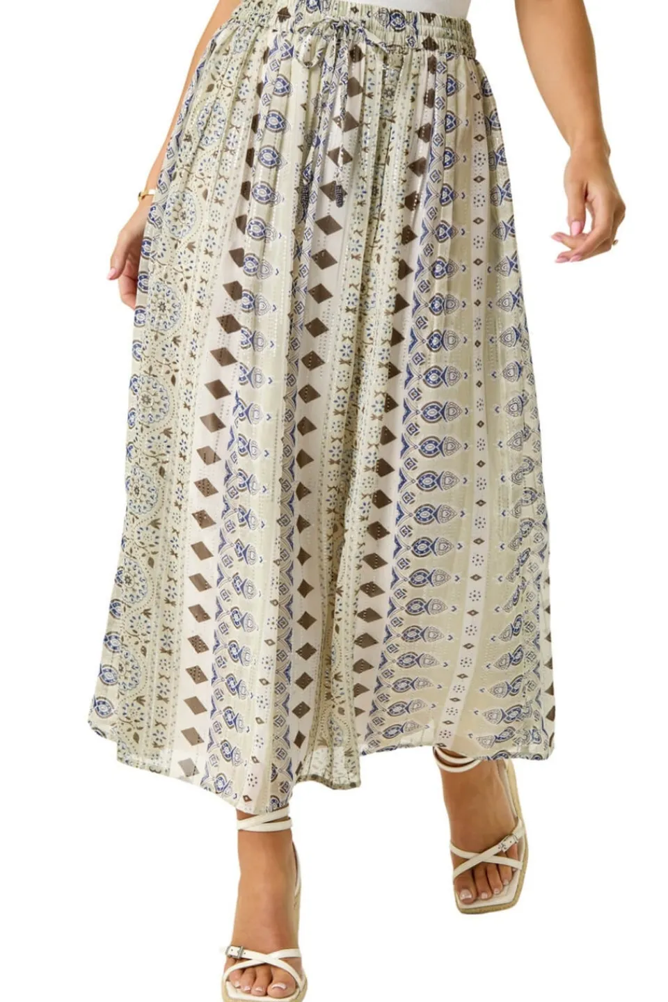 Skirts>Roman Khaki Petite Metallic Print Tie Front Skirt
