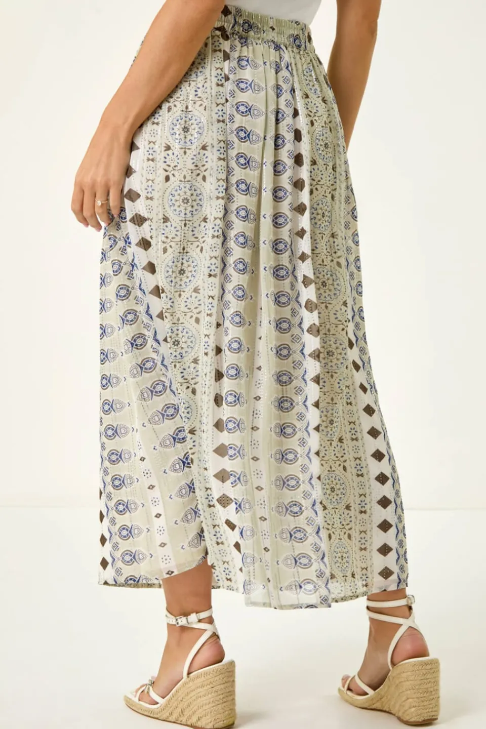 Skirts>Roman Khaki Petite Metallic Print Tie Front Skirt