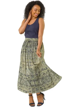 Skirts>Roman Khaki Petite Metallic Print Tie Front Skirt