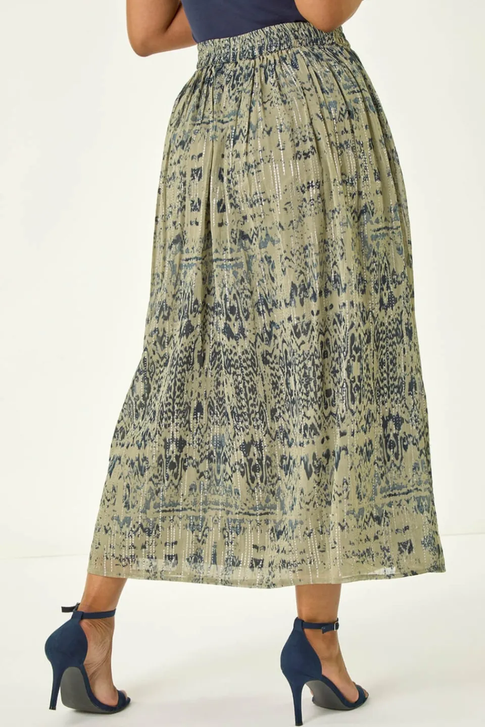 Skirts>Roman Khaki Petite Metallic Print Tie Front Skirt