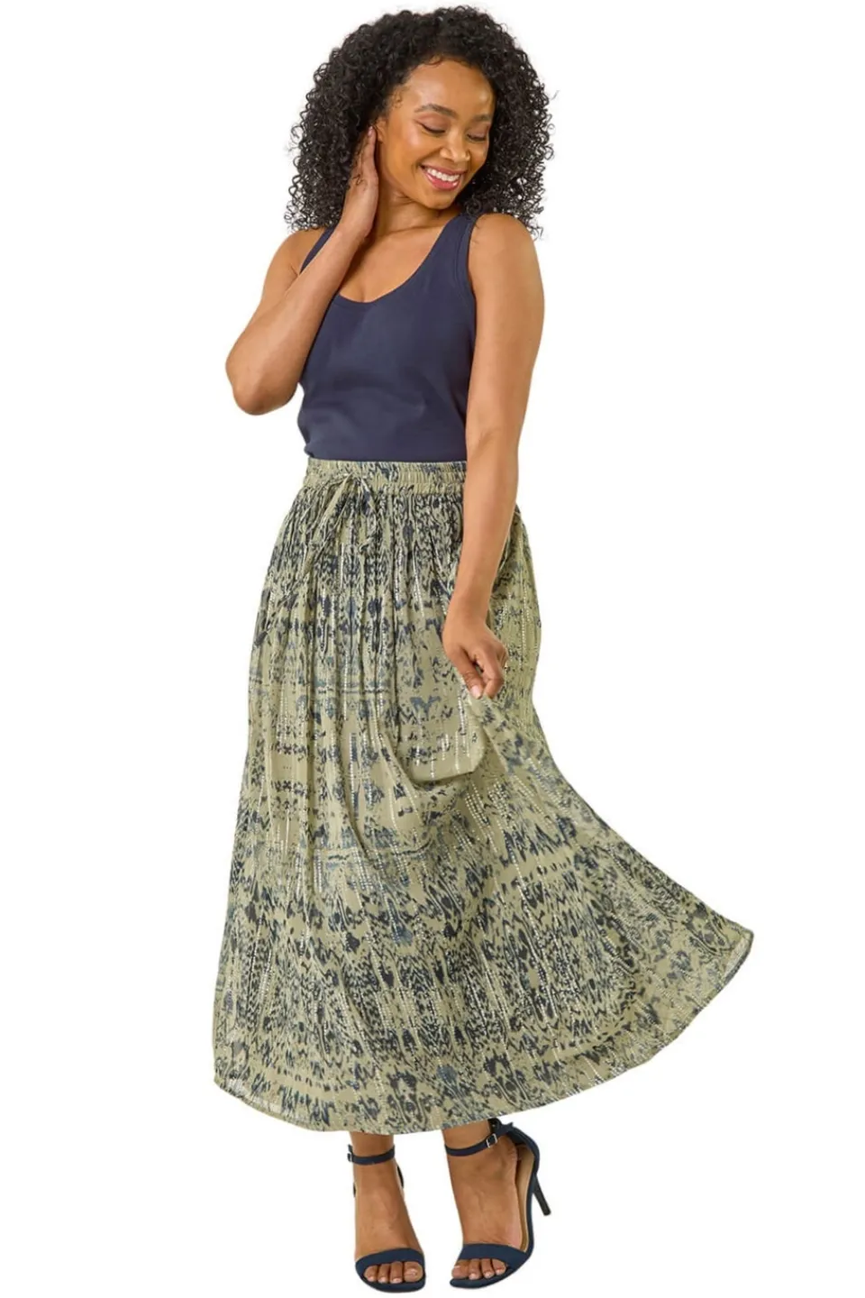 Skirts>Roman Khaki Petite Metallic Print Tie Front Skirt