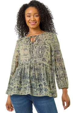 Blouses & Shirts>Roman Khaki Petite Metallic Aztec Print Top