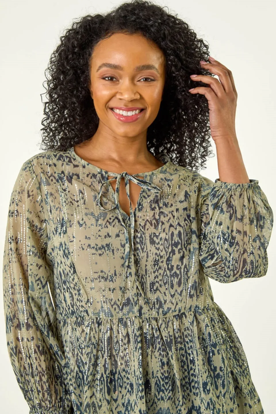Blouses & Shirts>Roman Khaki Petite Metallic Aztec Print Top