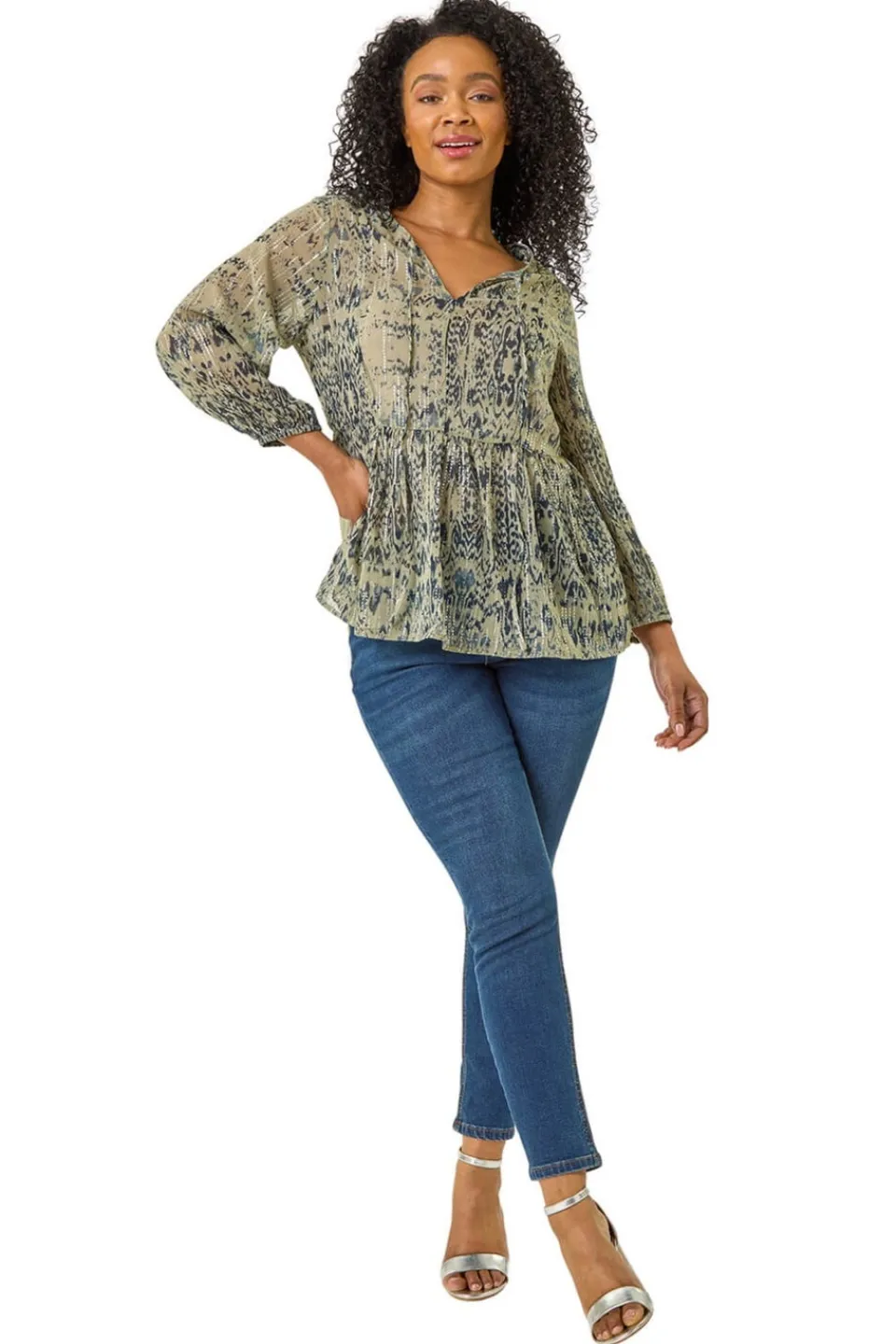 Blouses & Shirts>Roman Khaki Petite Metallic Aztec Print Top