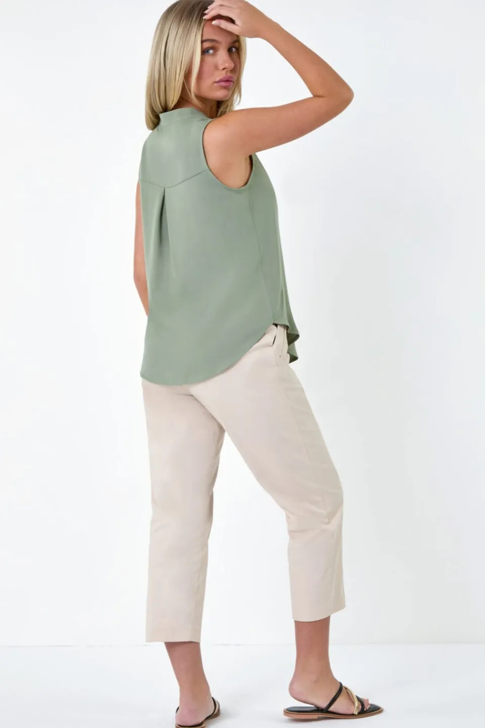 Tops>Roman Khaki Petite Sleeveless Pleat Detail Top