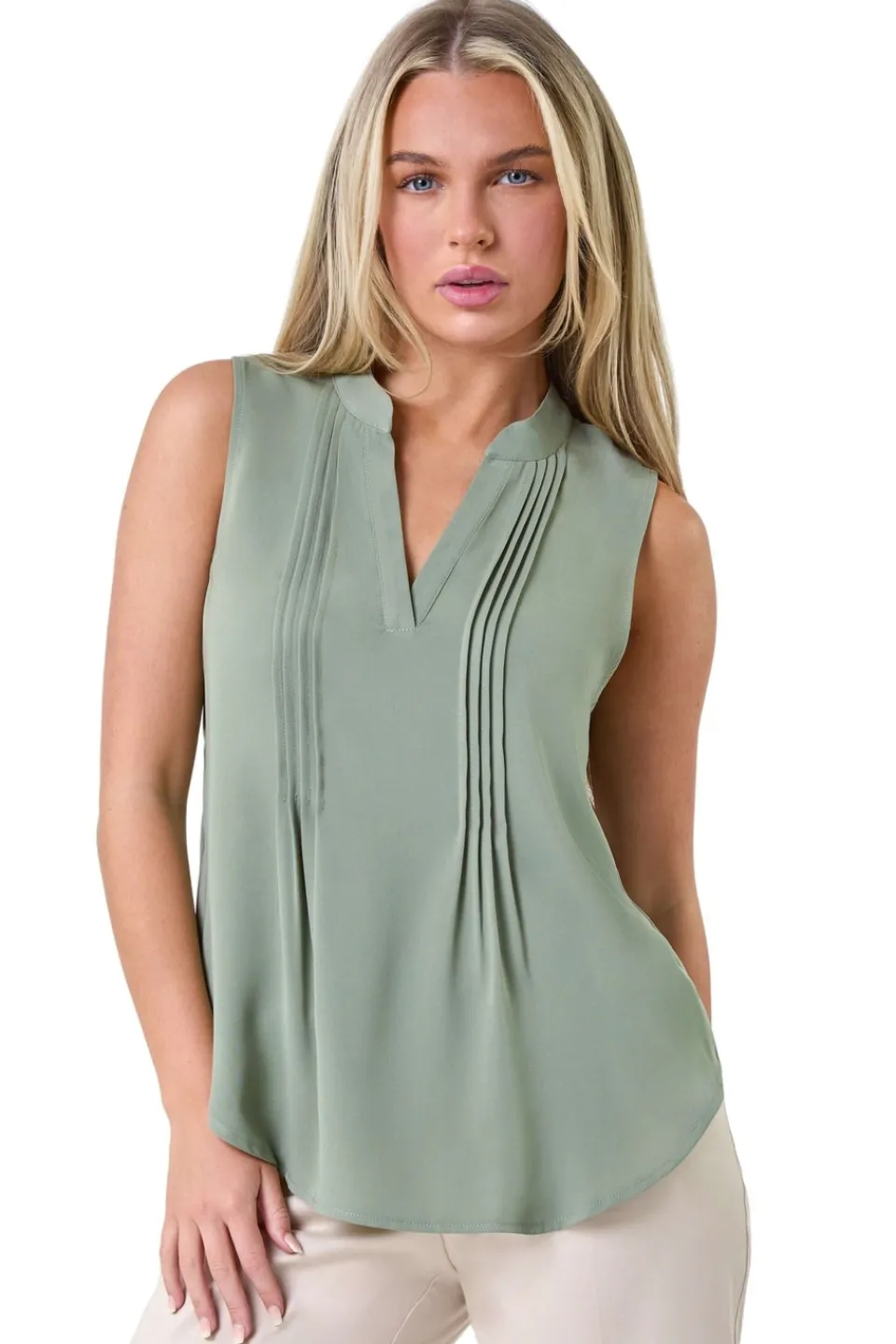 Tops>Roman Khaki Petite Sleeveless Pleat Detail Top
