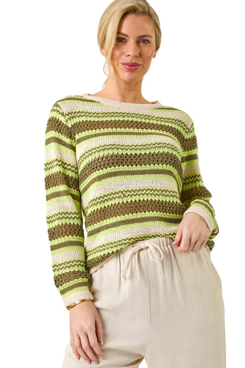 Tops>Roman Khaki Petite Stripe Print Stretch Knit Jumper