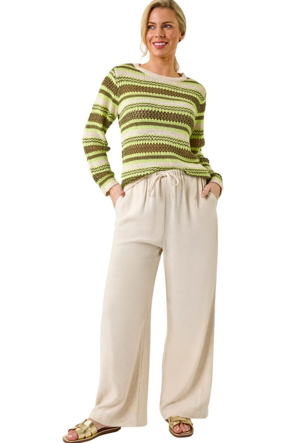 Tops>Roman Khaki Petite Stripe Print Stretch Knit Jumper