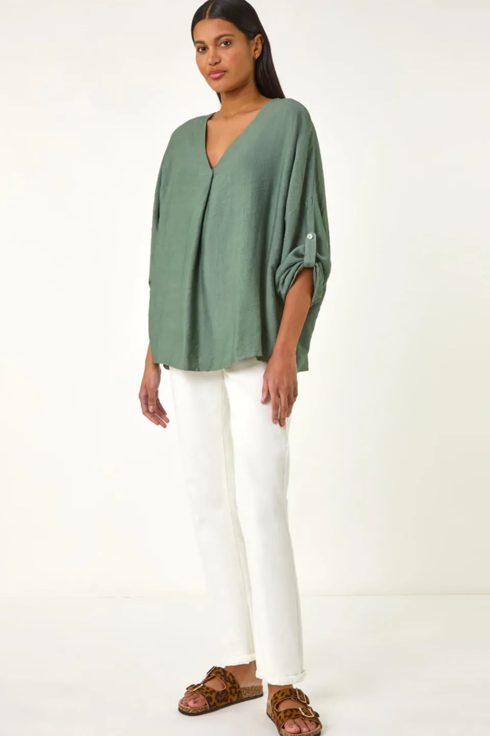 Tops>Roman Khaki Pleated V Neck Stretch Tunic Top