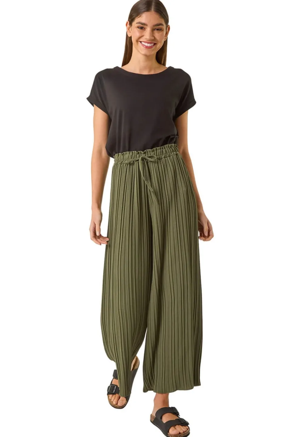 Trousers>Roman Pleated Wide Leg Culottes Khaki