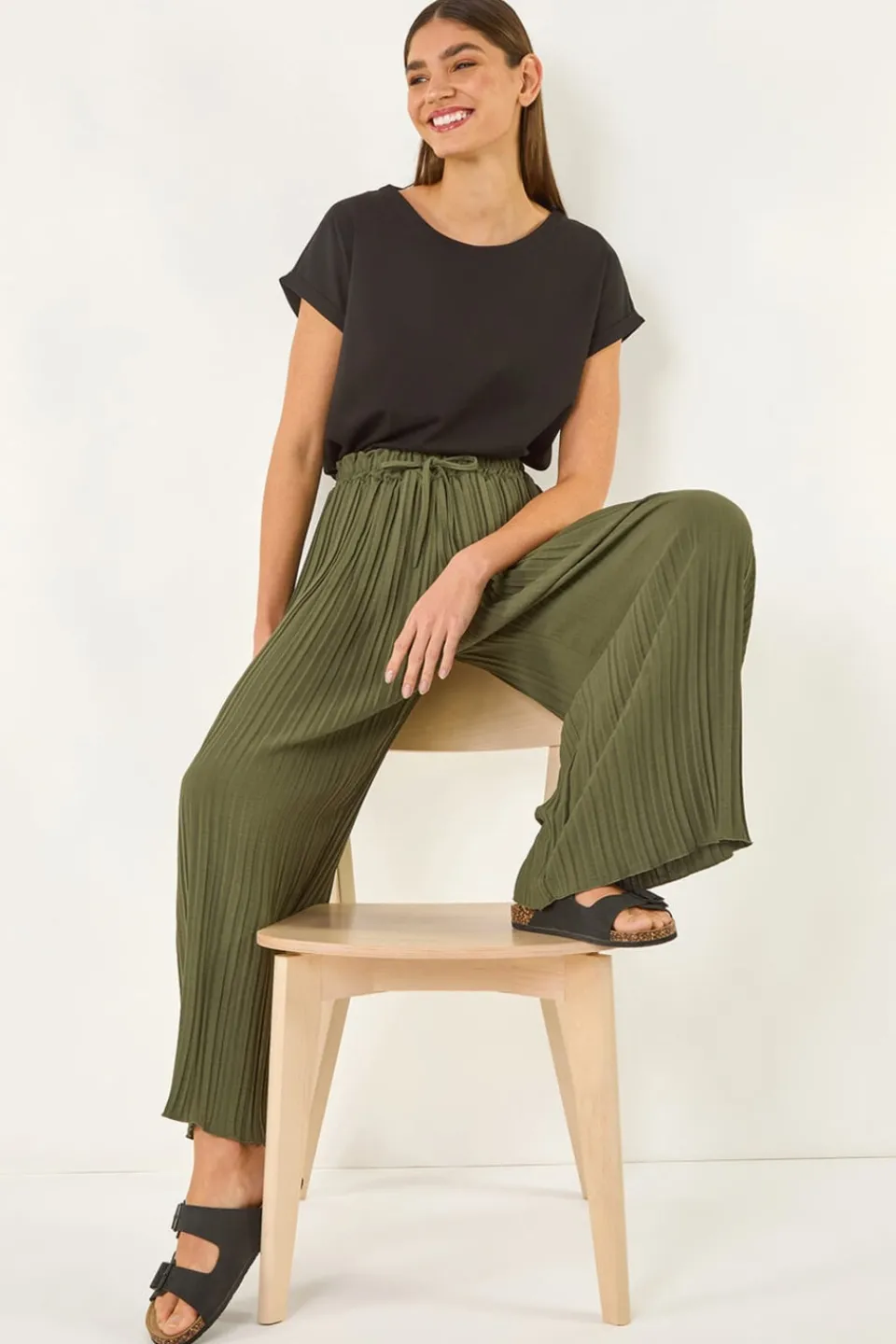 Trousers>Roman Pleated Wide Leg Culottes Khaki
