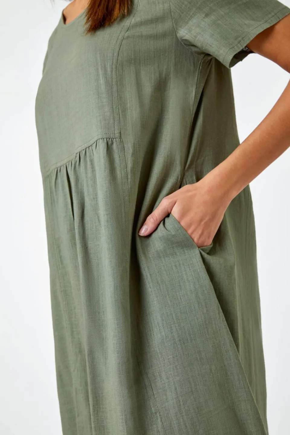 Dresses>Roman Khaki Relaxed Cotton Blend Pocket Dress