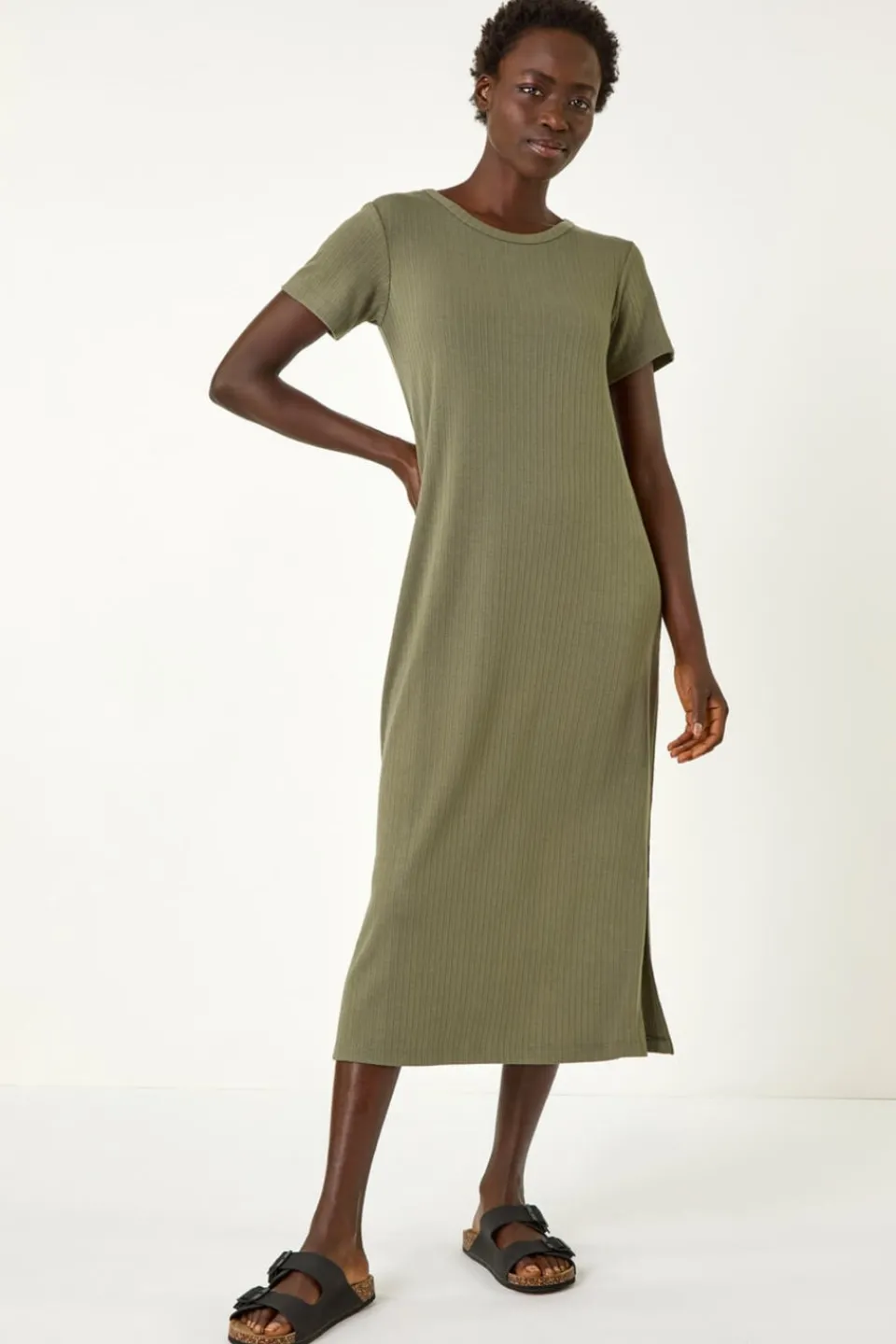 Dresses>Roman Khaki Ribbed Stretch Midi Dress