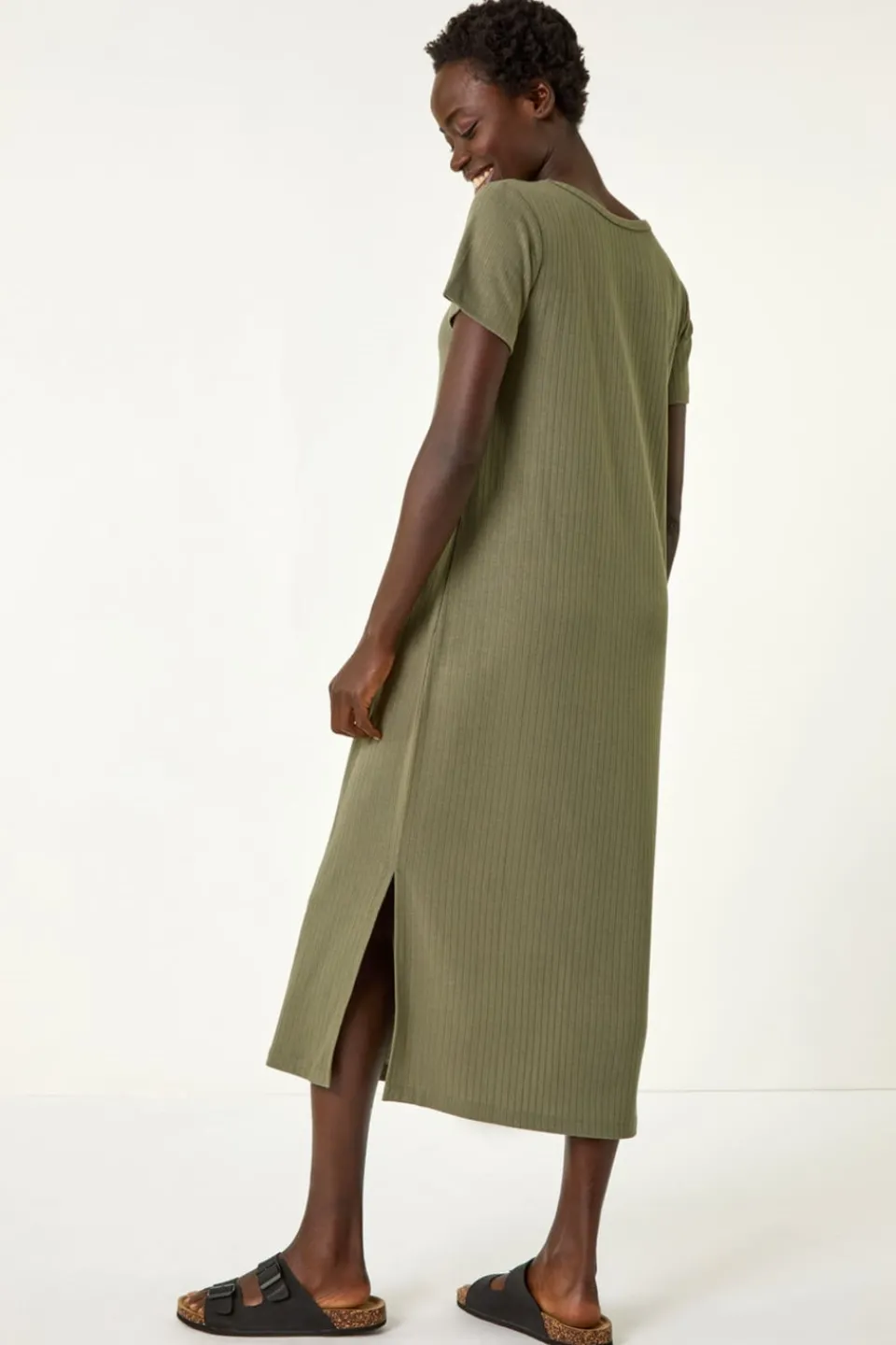 Dresses>Roman Khaki Ribbed Stretch Midi Dress
