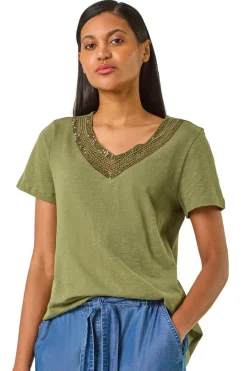 T-Shirts>Roman Khaki Sequin Trim V Neck Stretch Top
