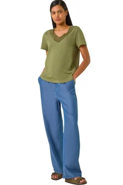 T-Shirts>Roman Khaki Sequin Trim V Neck Stretch Top
