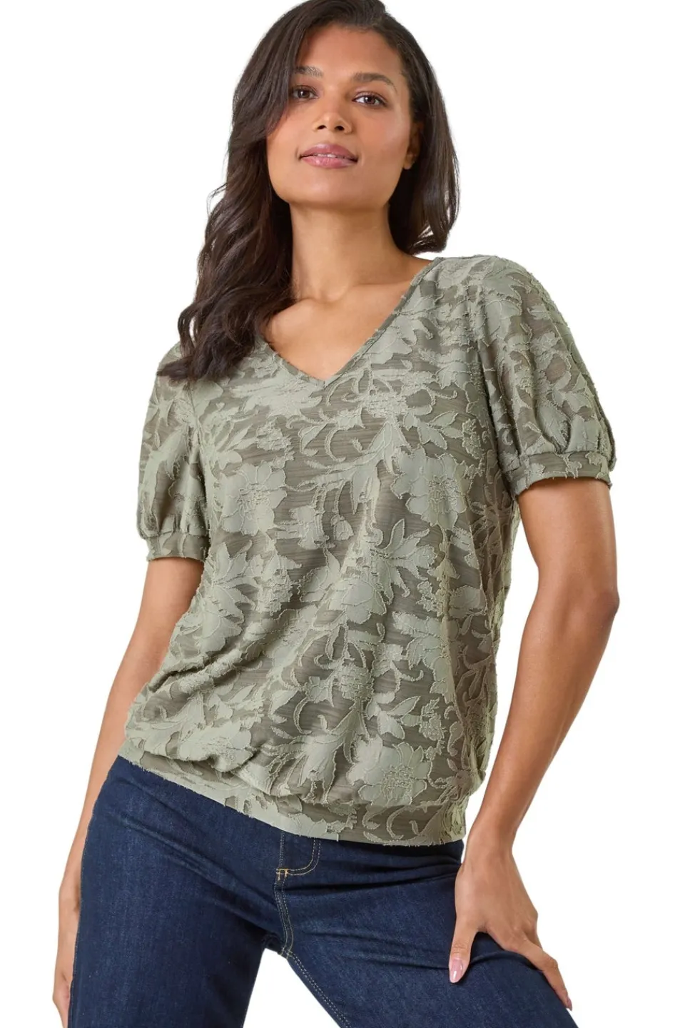 Tops>Roman Khaki Textured Floral Blouson Hem Stretch Top