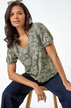 Tops>Roman Khaki Textured Floral Blouson Hem Stretch Top