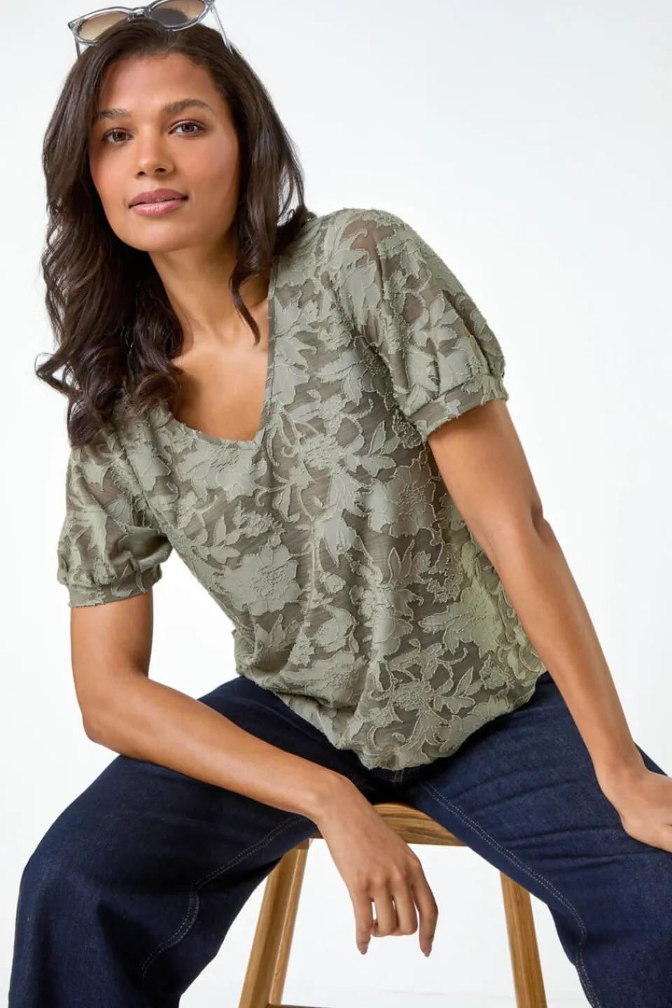 Tops>Roman Khaki Textured Floral Blouson Hem Stretch Top