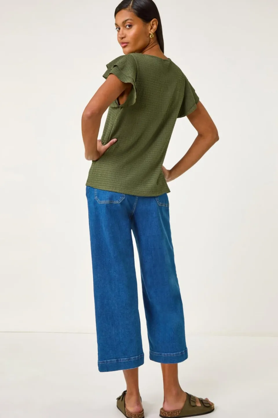 T-Shirts>Roman Khaki Textured Frill Sleeve T-Shirt