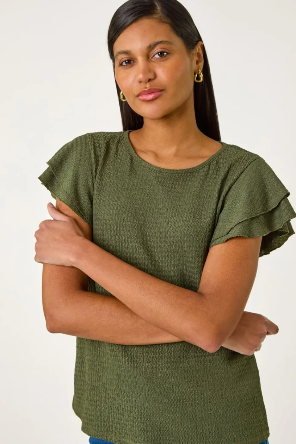 T-Shirts>Roman Khaki Textured Frill Sleeve T-Shirt