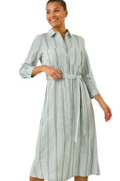 Dresses>Roman Khaki Textured Stripe Belted Shirt Dress