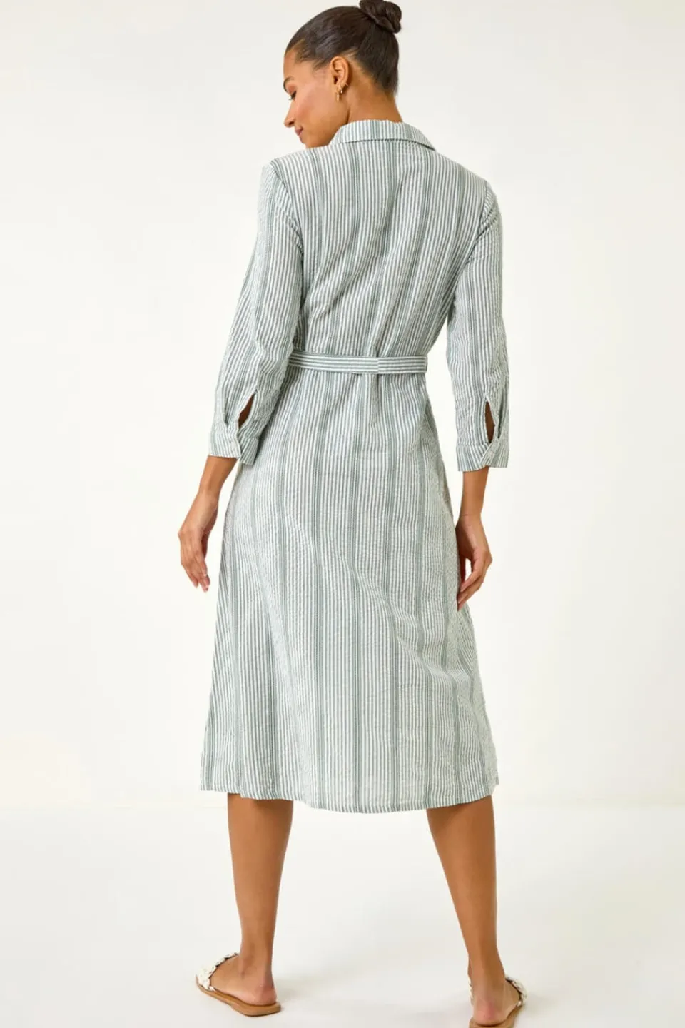 Dresses>Roman Khaki Textured Stripe Belted Shirt Dress