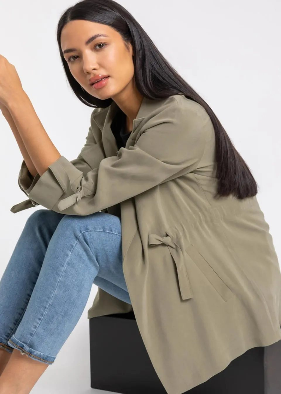 Coats & Jackets>Roman Tie Waist Longline Jacket Khaki