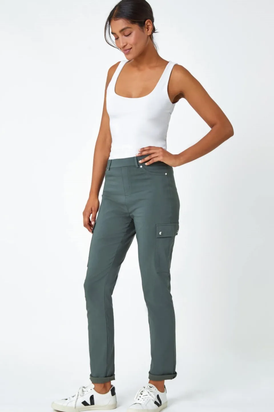 Trousers>Roman Turn Up Stretch Cargo Trousers Khaki