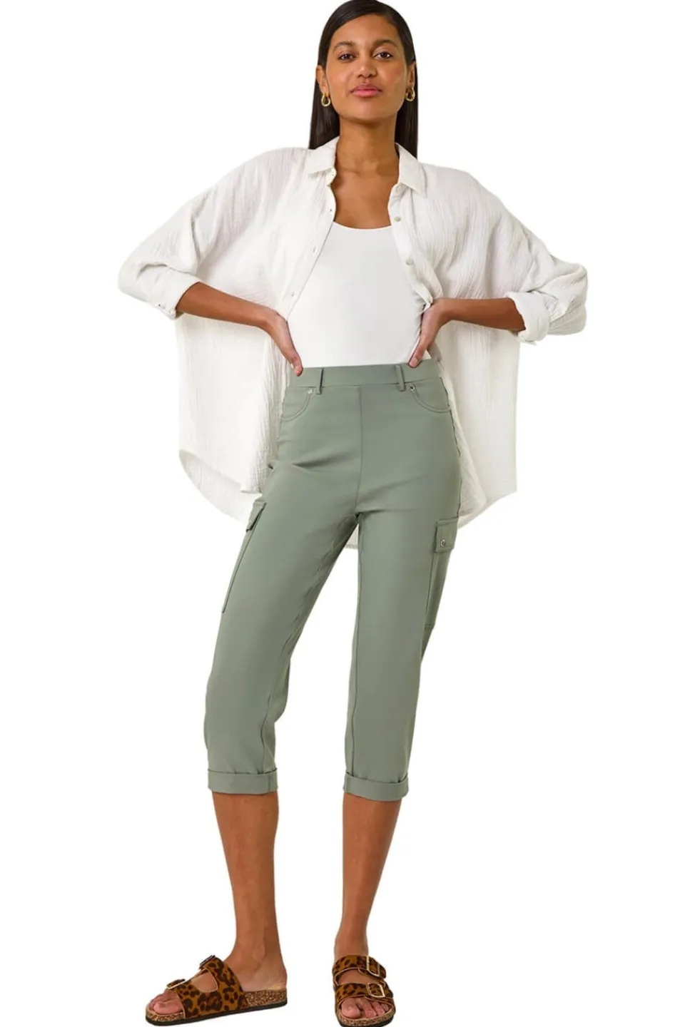 Trousers>Roman Khaki Turn Up Stretch Cropped Cargo Trousers