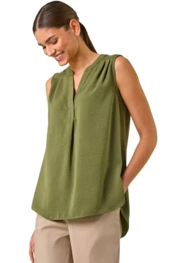 Tops>Roman Khaki V Neck Front Pleat Vest Top