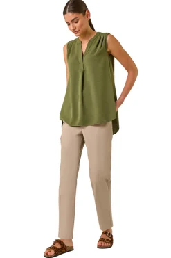 Tops>Roman Khaki V Neck Front Pleat Vest Top