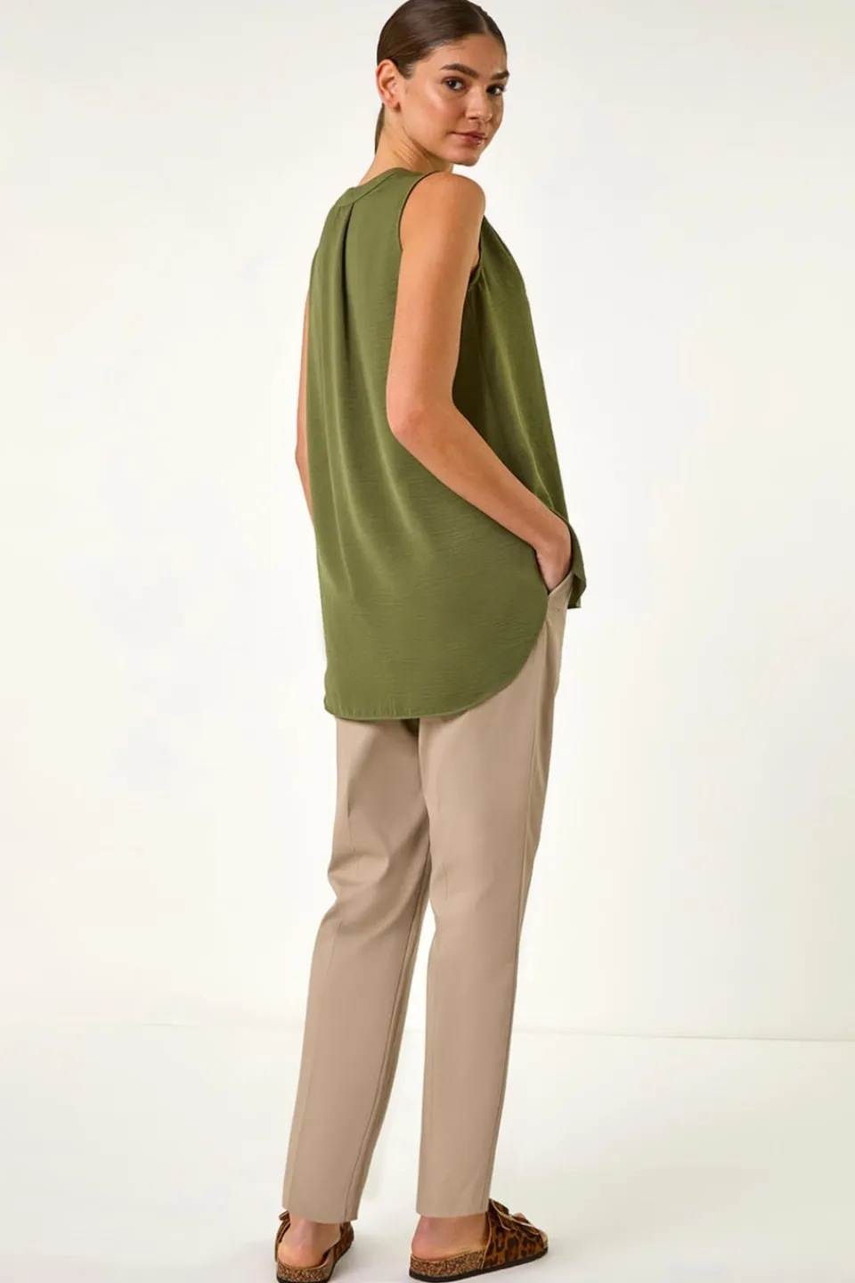 Tops>Roman Khaki V Neck Front Pleat Vest Top