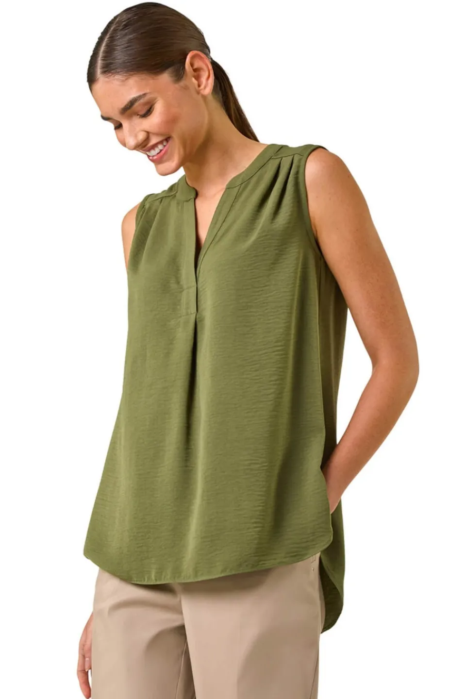 Tops>Roman Khaki V Neck Front Pleat Vest Top
