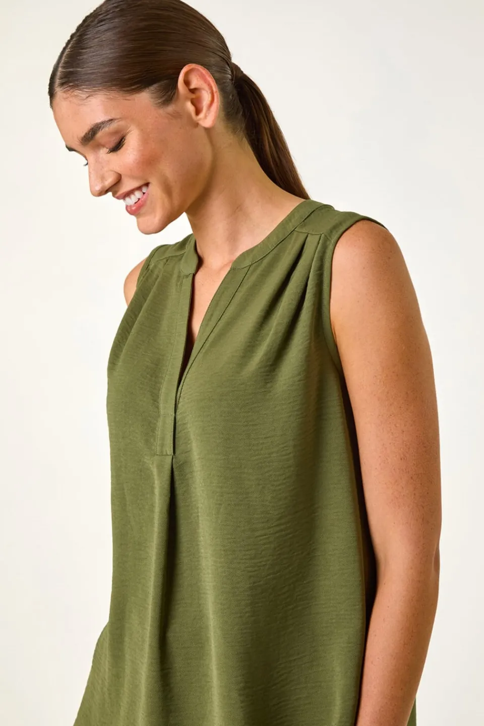 Tops>Roman Khaki V Neck Front Pleat Vest Top