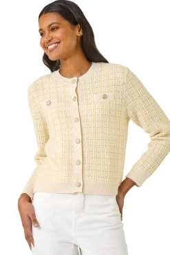 Tops>Roman Lemon Check Textured Button Knit Cardigan