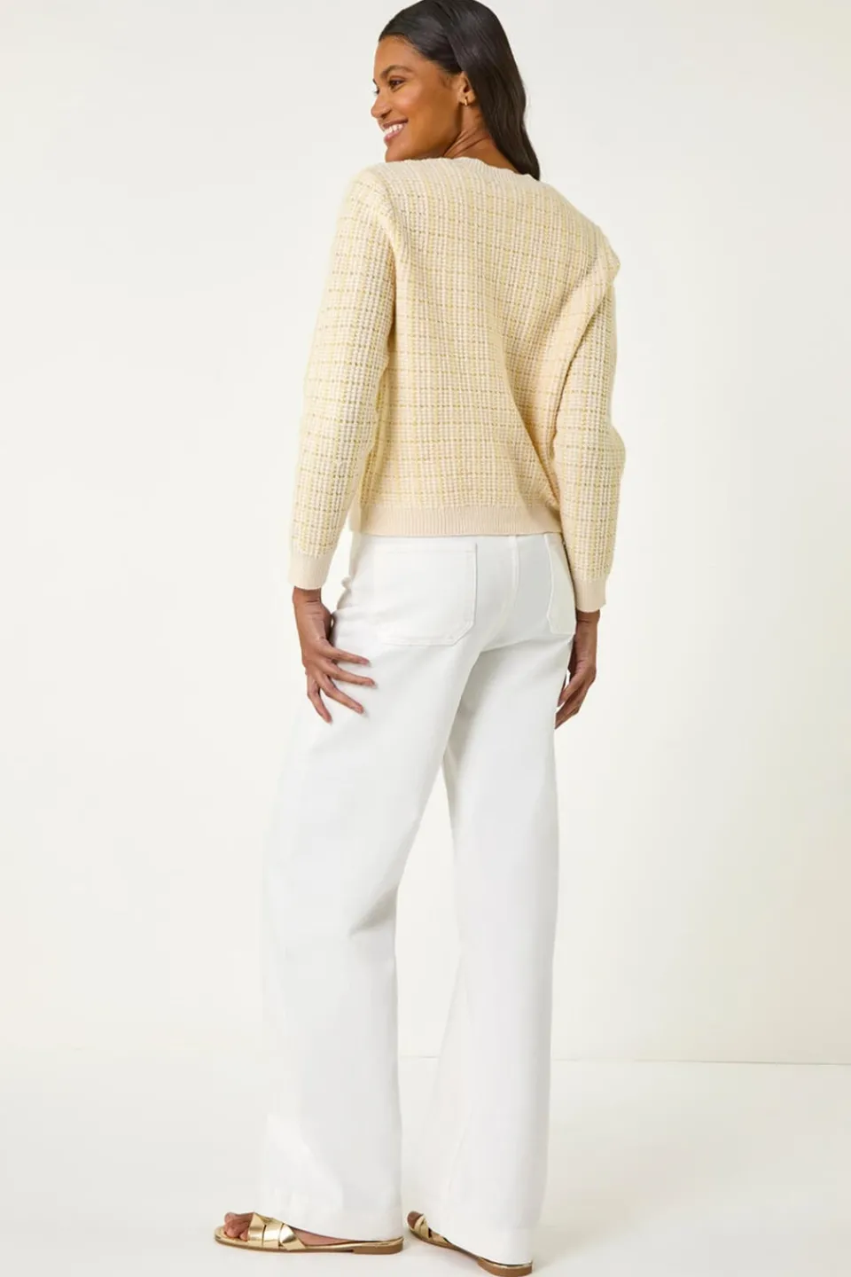 Tops>Roman Lemon Check Textured Button Knit Cardigan