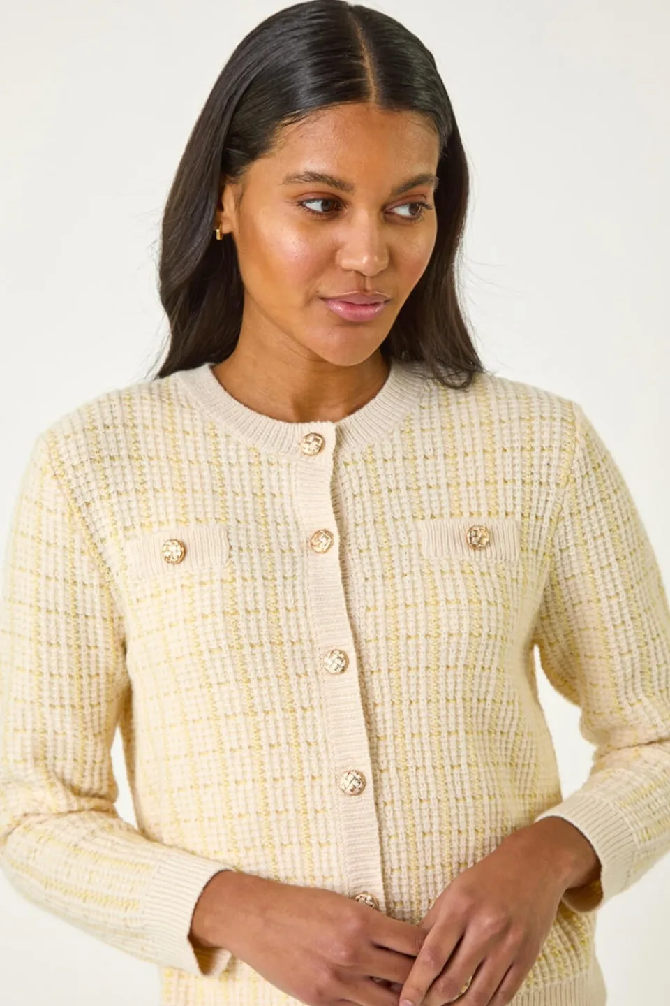 Tops>Roman Lemon Check Textured Button Knit Cardigan