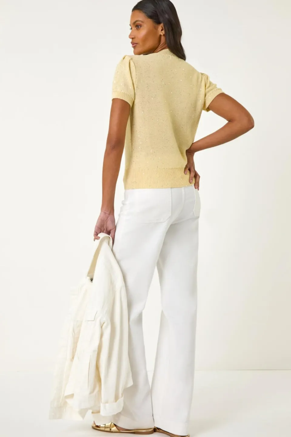 Tops>Roman Lemon Daisy Sequin Embroidered Knit Top