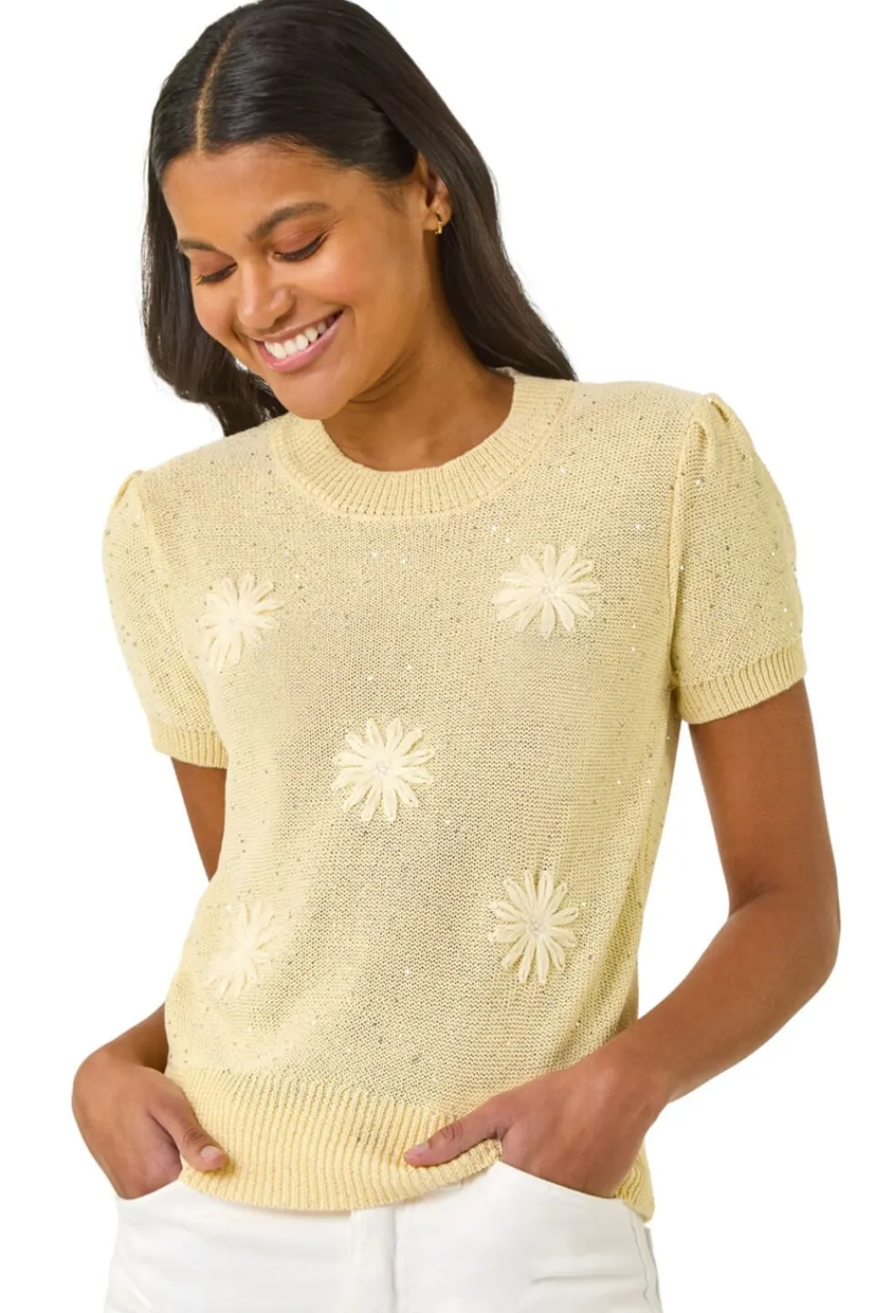 Tops>Roman Lemon Daisy Sequin Embroidered Knit Top