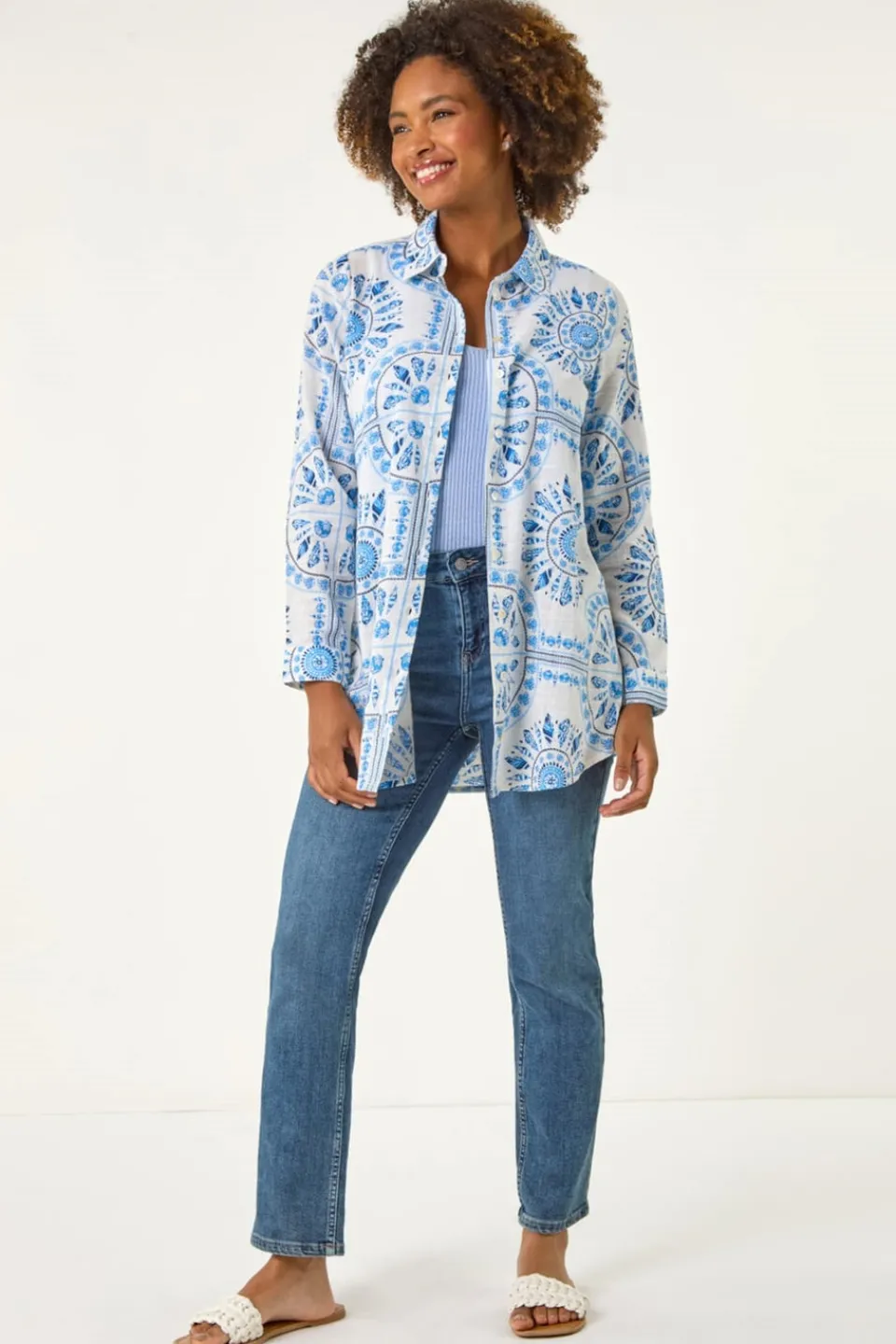 Tops>Roman Light Blue Abstract Print Collared Shirt
