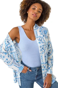 Tops>Roman Light Blue Abstract Print Collared Shirt