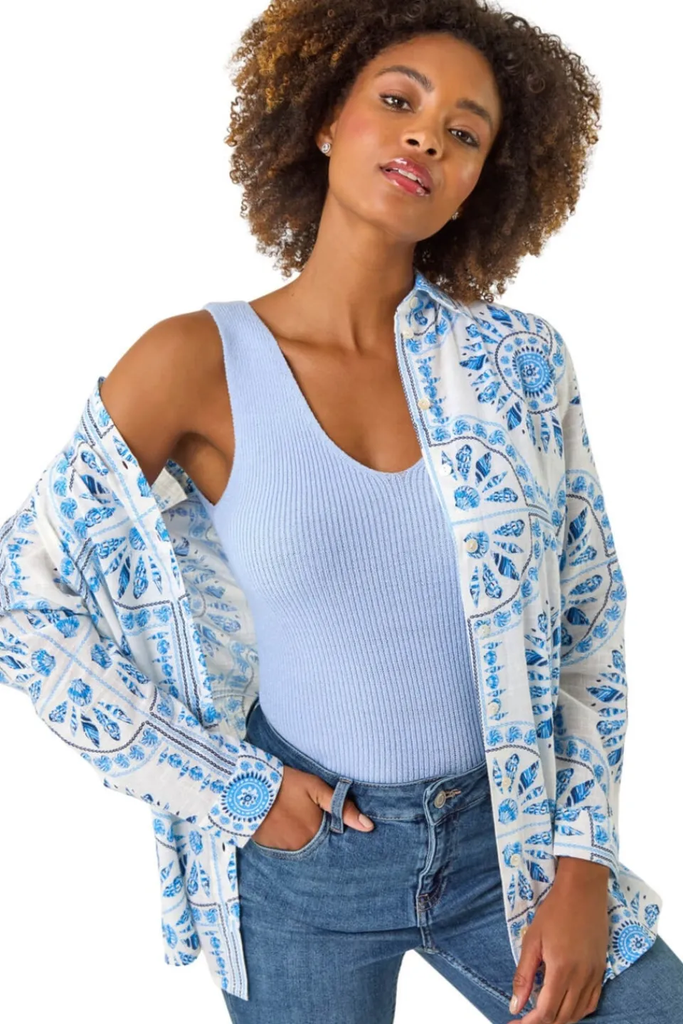 Tops>Roman Light Blue Abstract Print Collared Shirt