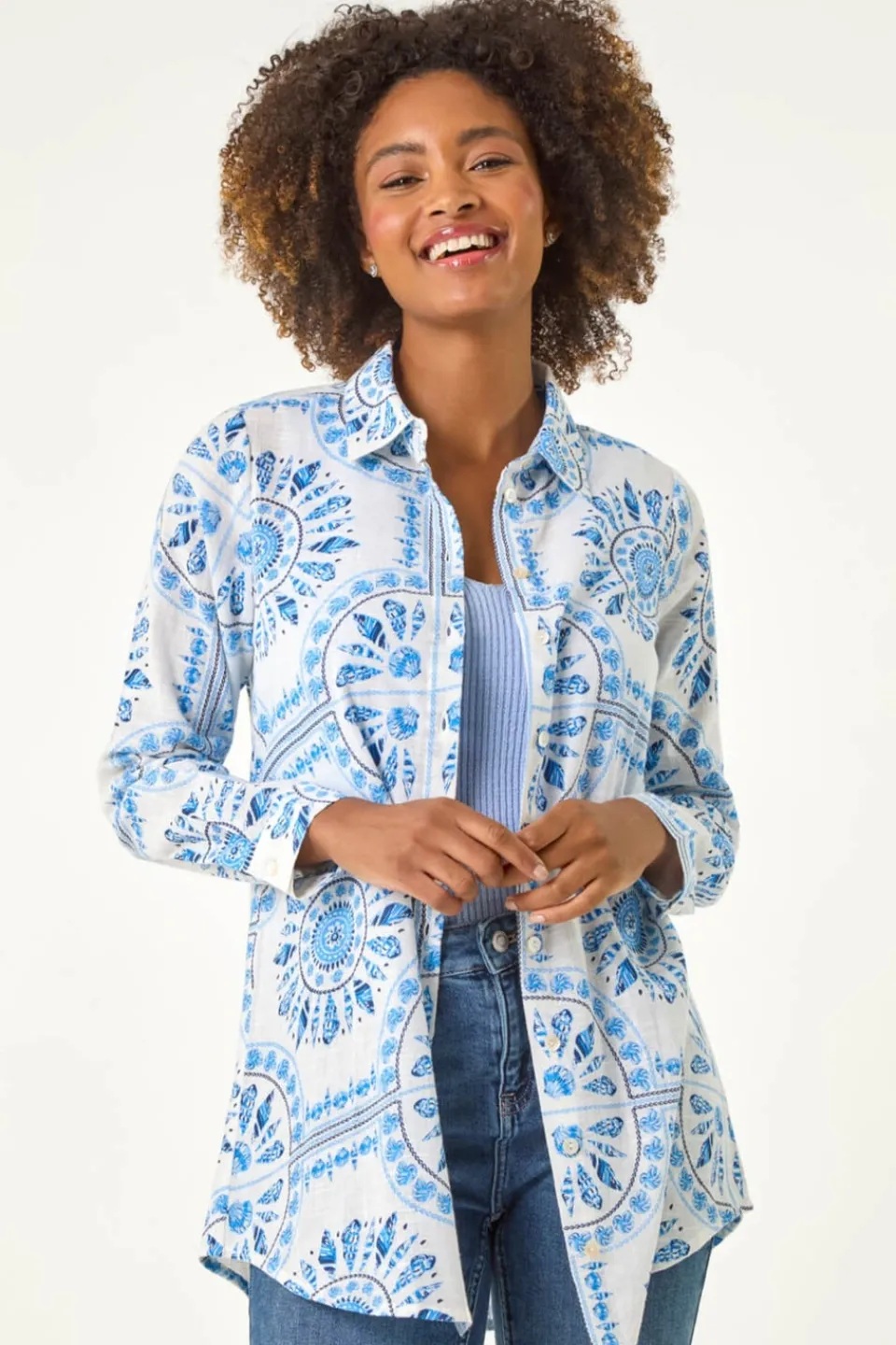 Tops>Roman Light Blue Abstract Print Collared Shirt