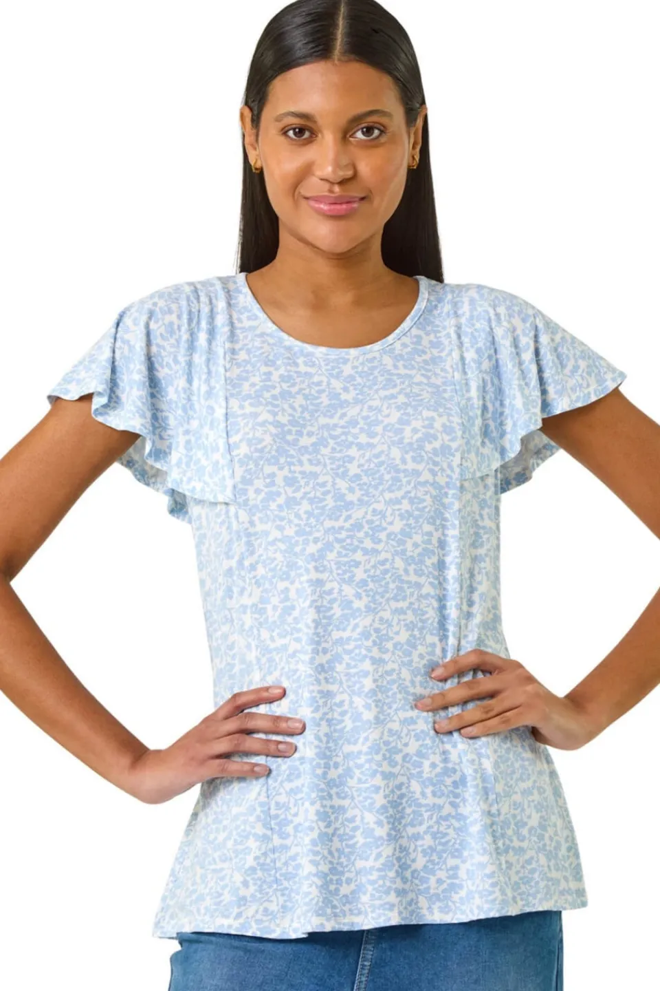 T-Shirts>Roman Light Blue Angel Frill Sleeve T-shirt