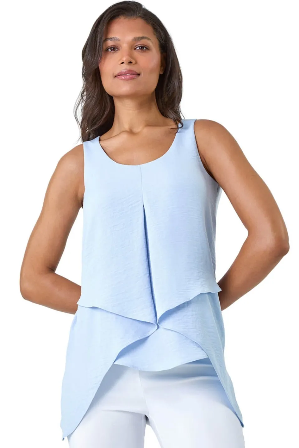 Tops>Roman Light Blue Asymmetric Sleeveless Vest Top