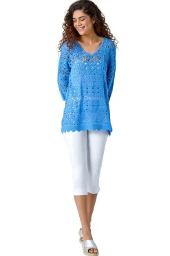 T-Shirts>Roman Light Blue Cotton Crochet Tunic Top LightBlue